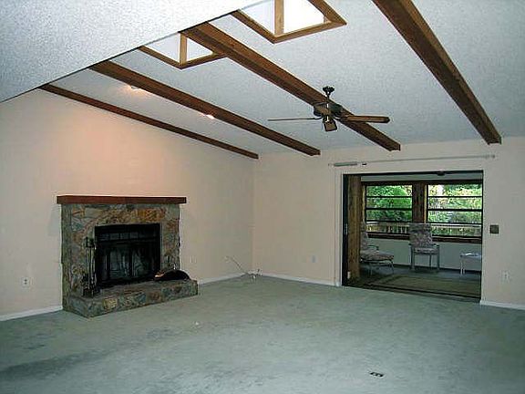 Great Room fireplace and skylights