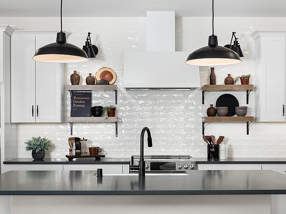 Floating shelves and subway tile backsplash