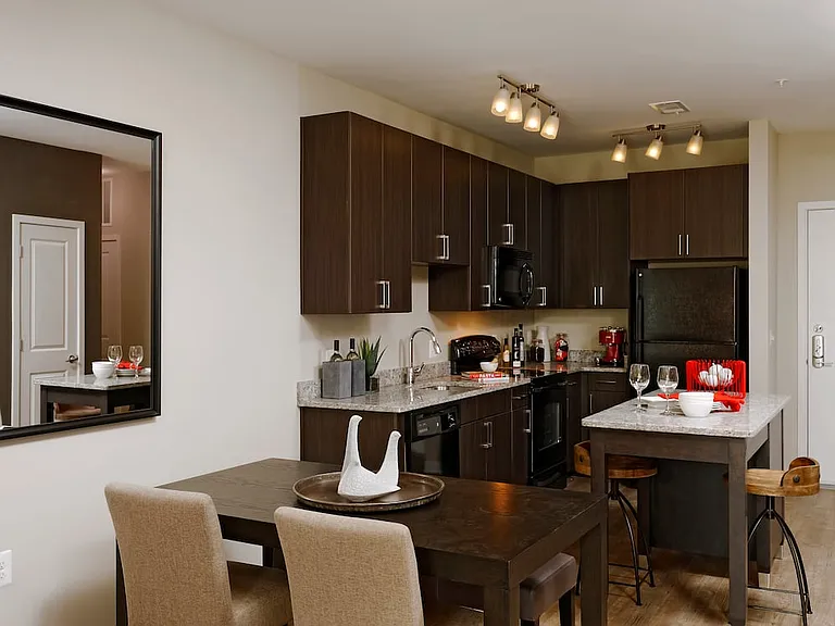 Contemporary dining area and kitchen with espresso cabinetry, grey granite countertops, black appliances, and hard surface flooring