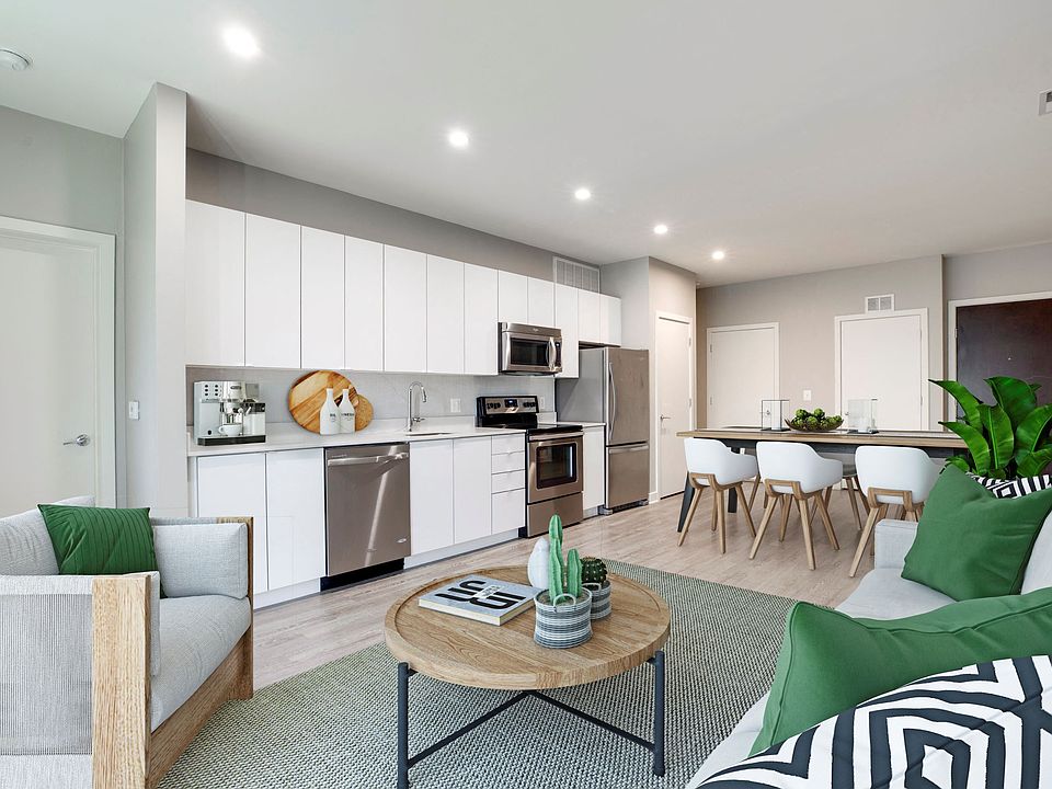 One-bedroom living and dining (virtually staged)