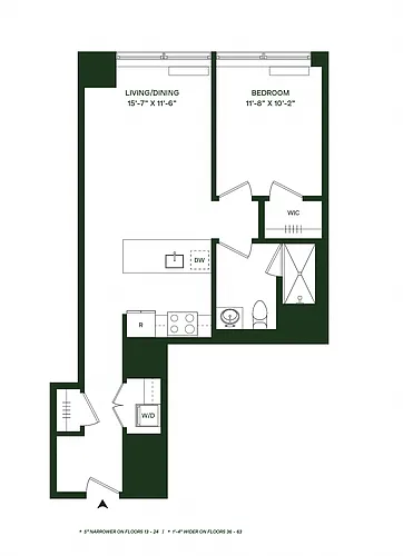 Floor plan Residence 09 - North: 1BR 1BA (Floors 36-63)