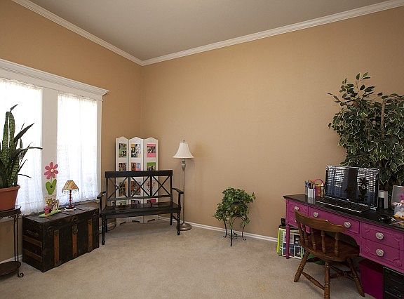 Carpeted living space with large window