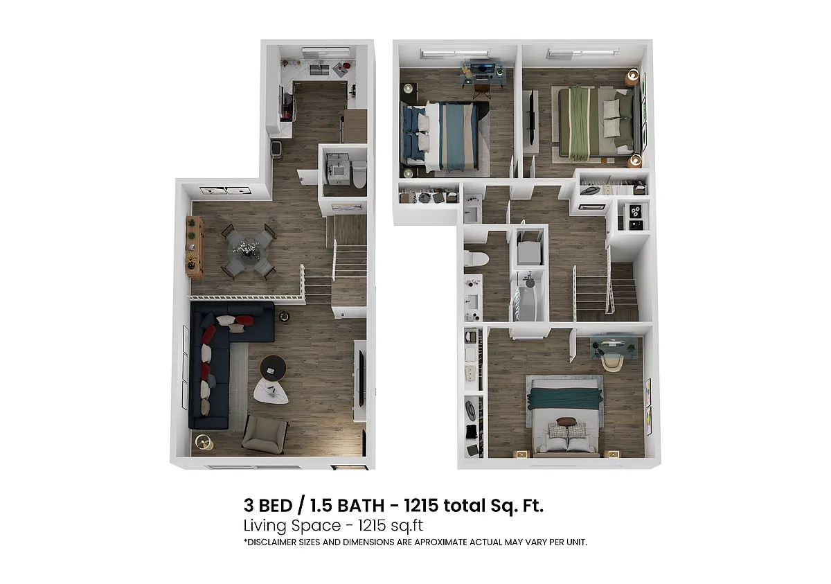 Floor plan 3-Bed 1 and 1-5 bath Townhome