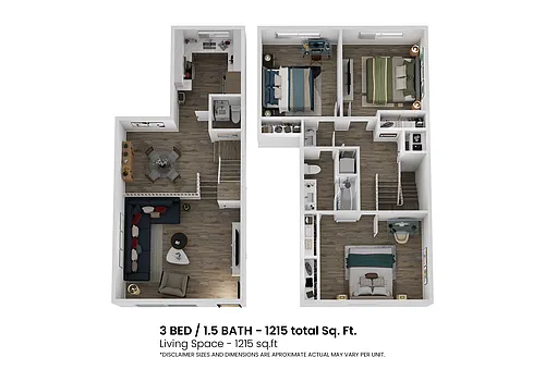Floor plan 3-Bed 1 and 1-5 bath Town House