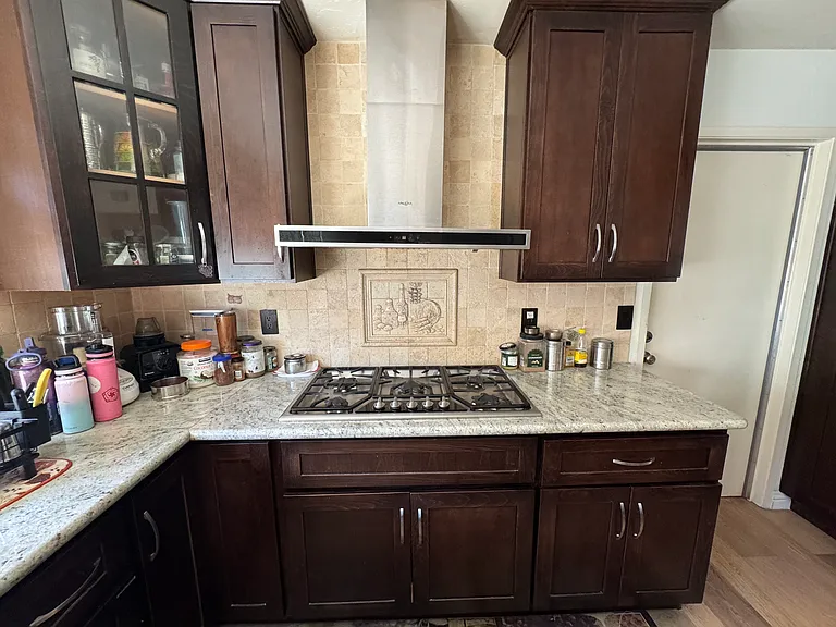Kitchen Thermador star burners gas cooktop with chimney