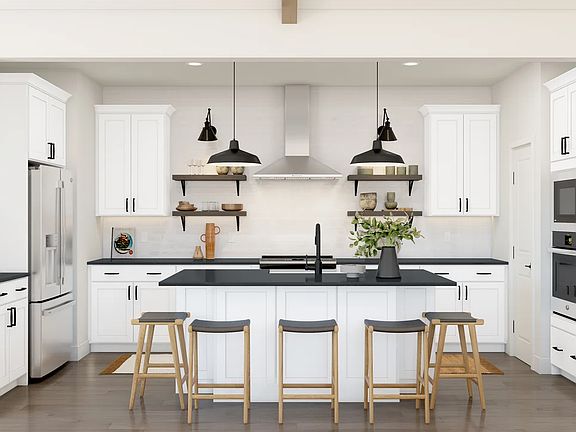 Kitchen with floating shelves and pendant lighting