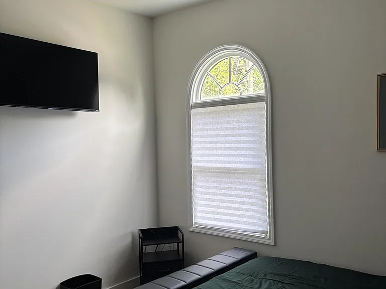 Bedroom features an arched window with shade, ceiling fan, wall-mounted TV, and space for a King bed.