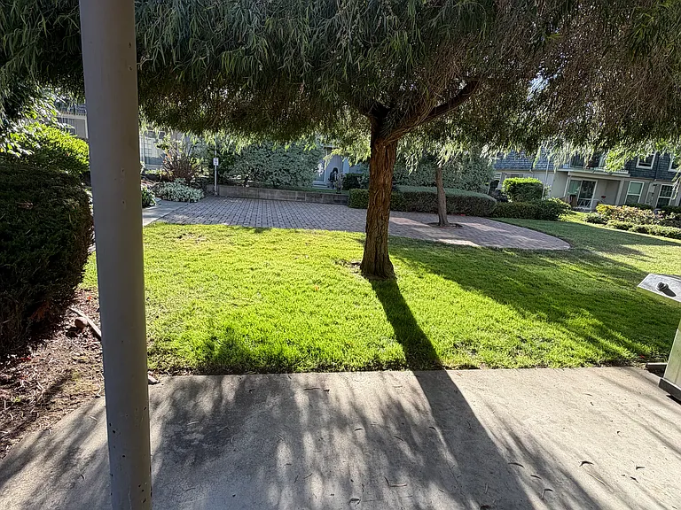 Patio space that opens toward landscaped community grounds.