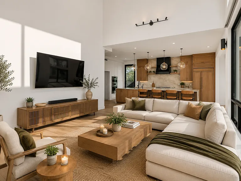 Bright open floor plan on first level with open concept kitchen, living and dining area. All window shades in this open area are electric powered and controlled by permanent wall controllers or by remote controls for easy single button use.