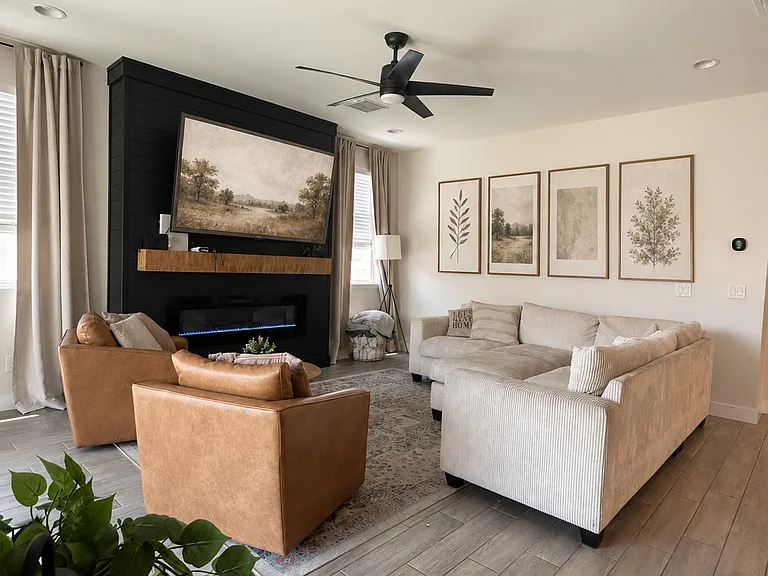 Great Room: Brand-New Custom Fireplace with Timber Mantle