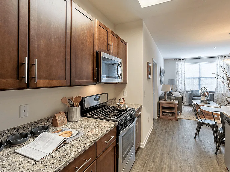 Gourmet-inspired kitchen featuring designer cabinetry, sleek granite countertops, and high-end stainless steel appliances.