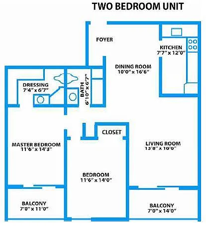 Floor plan B1 Two Bedroom One Bath 936sf