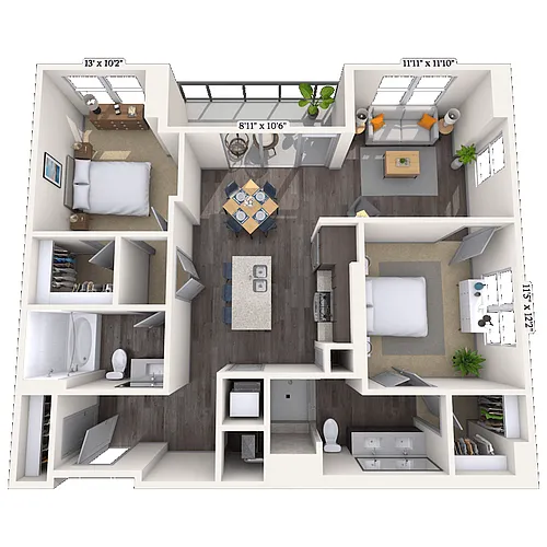 Floor plan Traditional 2x2 1033-1121 SF