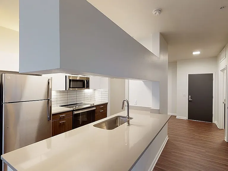 Apartment kitchen with stainless steel appliances, quartz countertops and wood-style flooring.