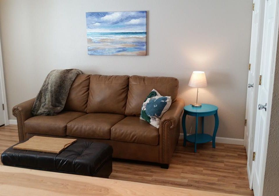 Living room. Queen sleeper sofa creates a second bedroom for
