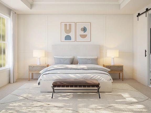 Primary suite with coffered ceiling bath barn door