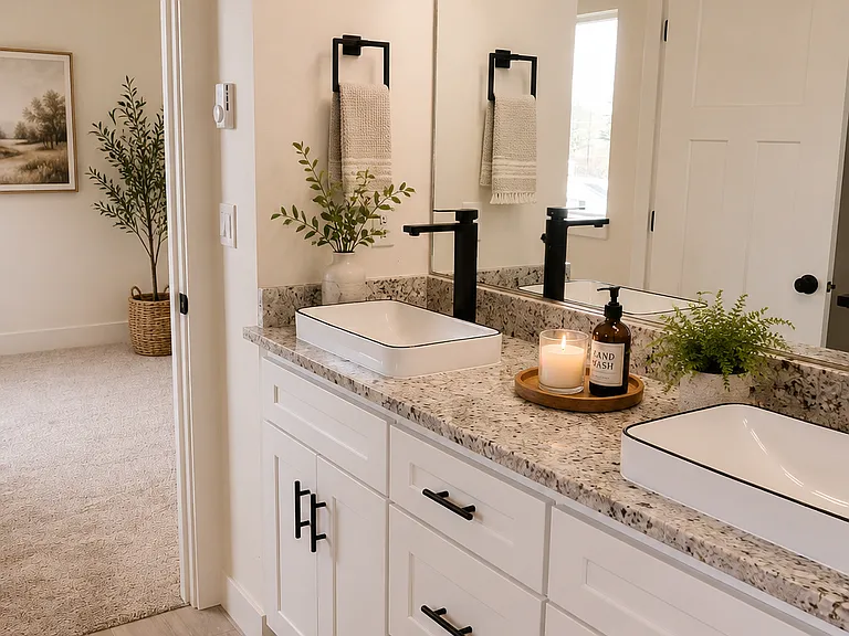 Primary suite bathroom with double vanity and walk-in shower.
Images are rendered with AI to show potential layout and staging.