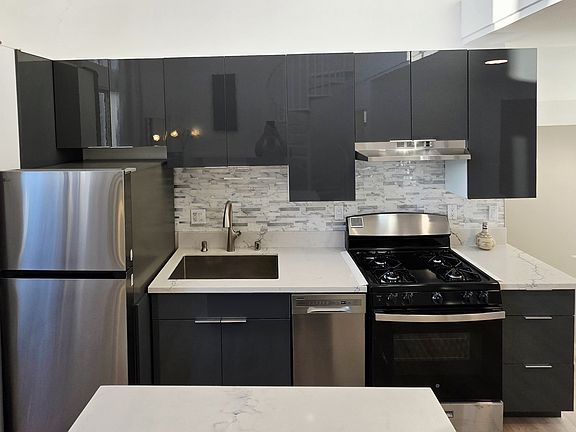 New Kitchen with high gloss grey cabinets and stainless appliances