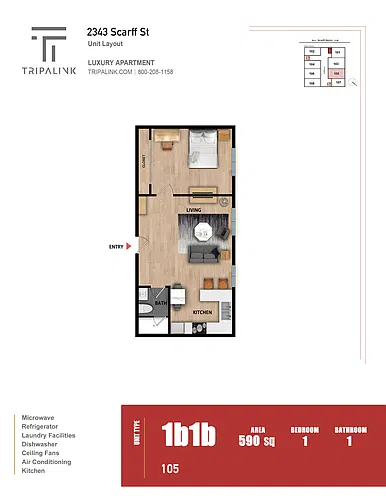Floor plan 1 Bed 1 Bath - 590 sqft