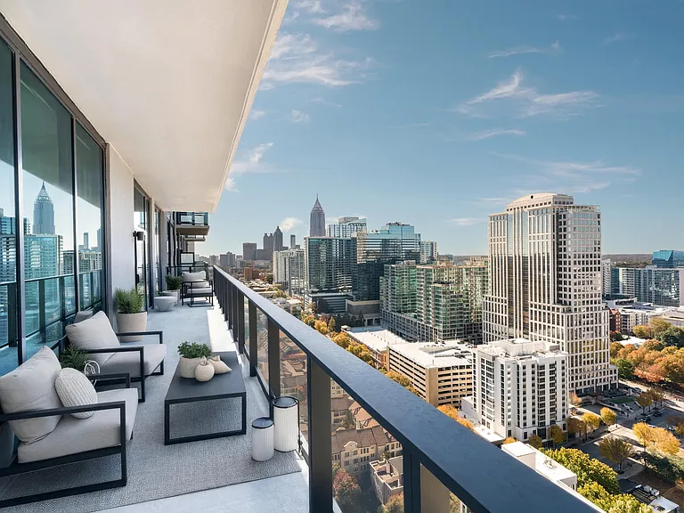 Large private balconies on our Penthouse homes with sweeping skyline views, placing Atlanta's Midtown just outside your door at Modera Parkside.