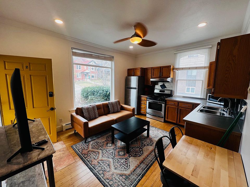 Light, bright open living space. High ceilings the large window that looks out over the garden