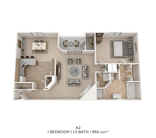 Floor plan One Bed 1.5 Bath 950 Sqft