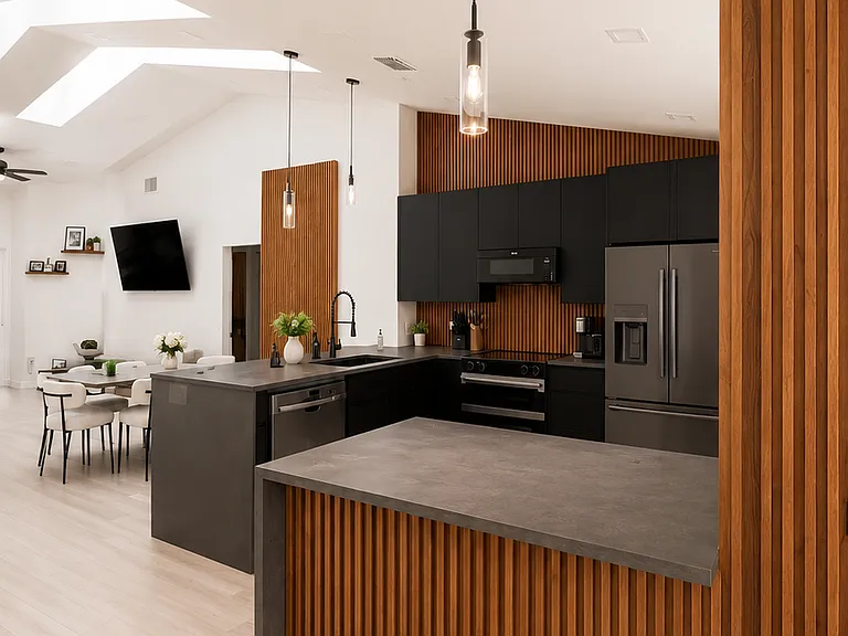 Wide open spaced kitchen with brand new, top-of-the-line appliances.