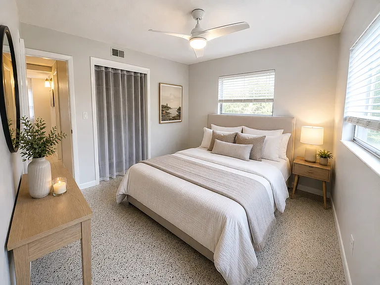 Bedroom #3 with one cedar closet. Terazzo floors (staged with AI).