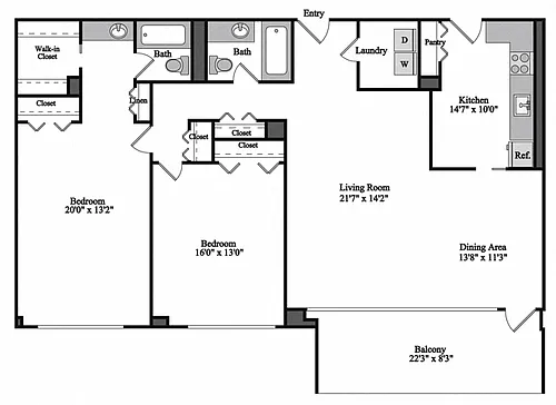 Floor plan 2 Bedroom, 2 Bath 1323 SF 22g