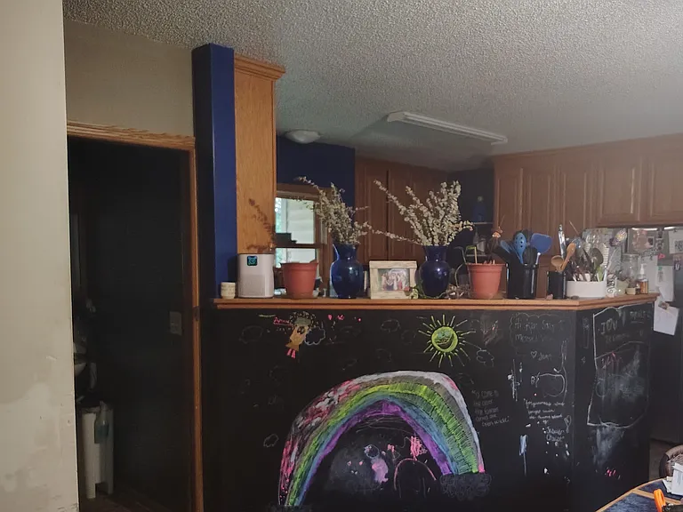 Picture taken from the front door facing the kitchen with a half wall.