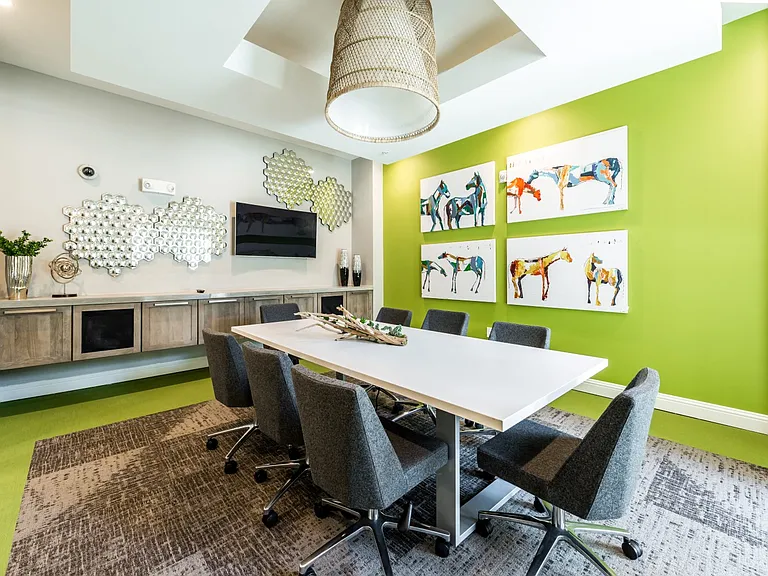 Conference room with table, satellite TV