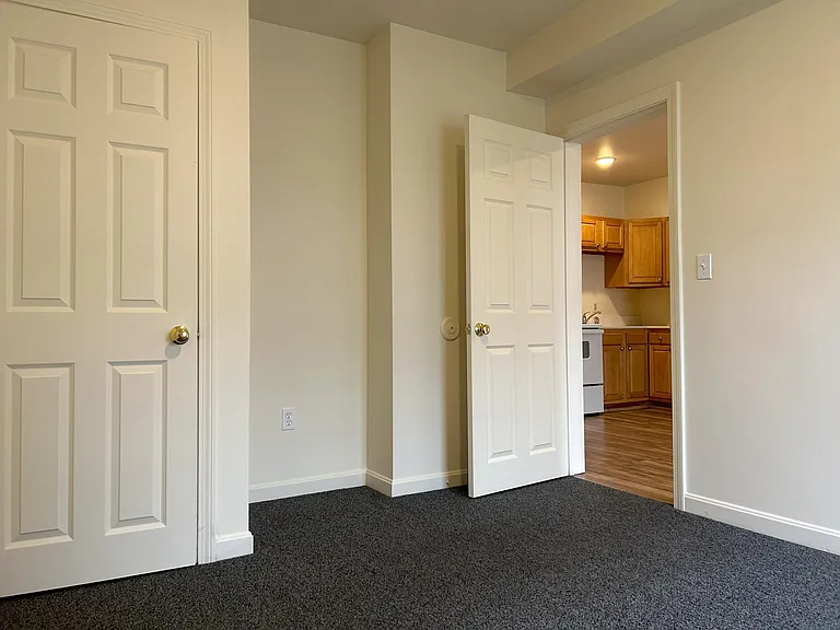 sunny bedroom with new carpet & closet