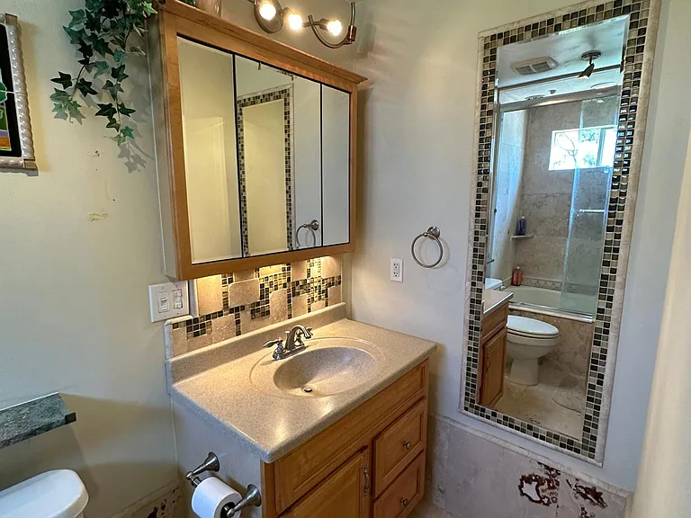 Primary full bathroom with tub and shower.
