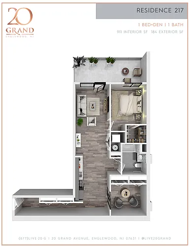 Floor plan 1 Bed 1 Bath plus Den plus Outdoor