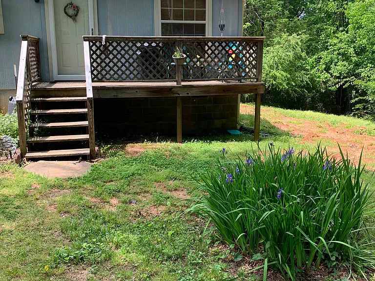 Outside entrance, stairwell, and porch