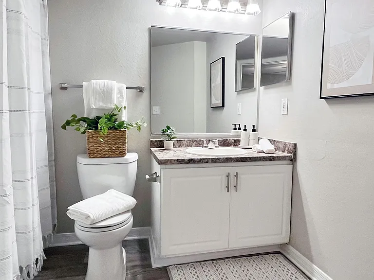 Elegance defines our master bathrooms, boasting generous countertops, sizable mirrors, and a modern design, creating the epitome of style.