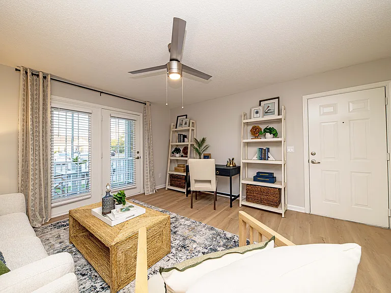 Spacious living room with hardwood-style flooring
