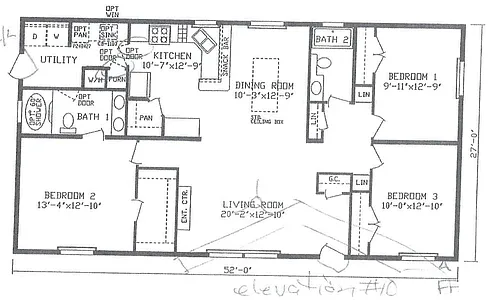 Floor plan 3 Bed 2 Bath Double Section Home