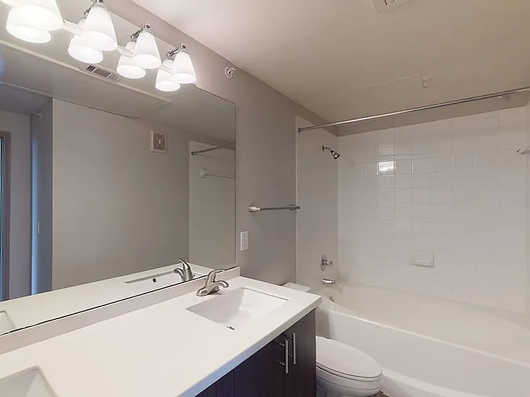 Apartment bathroom with large soaking tub and wood-style flooring.