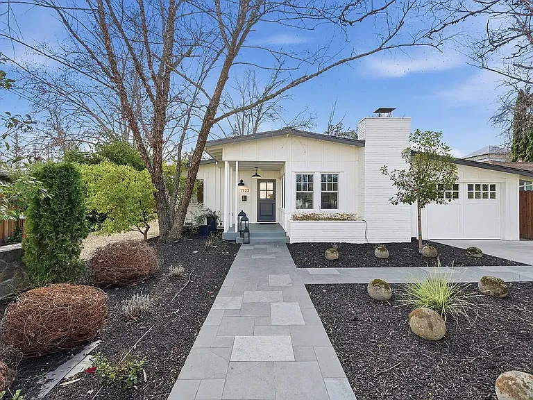 Front of house, Flagstone Walkway, "Carriage house" garage door