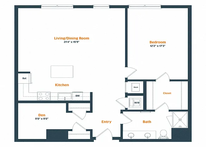 Floor plan A22D | 1 Bed | 1 Bath | Den