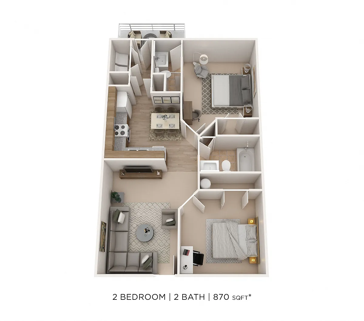 Floor plan Two Bedroom 2 Bath- 870 sqft