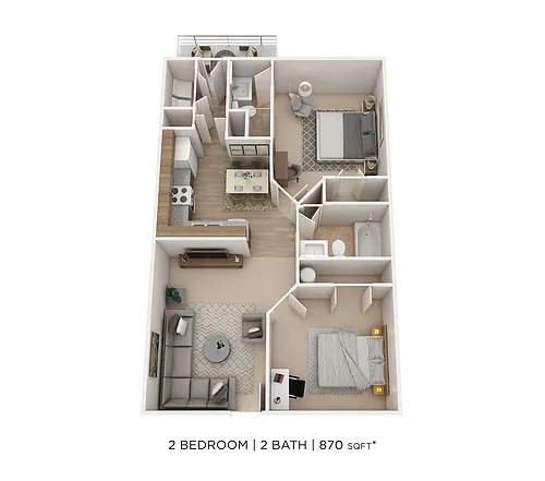 Floor plan Two Bedroom 2 Bath- 870 sqft