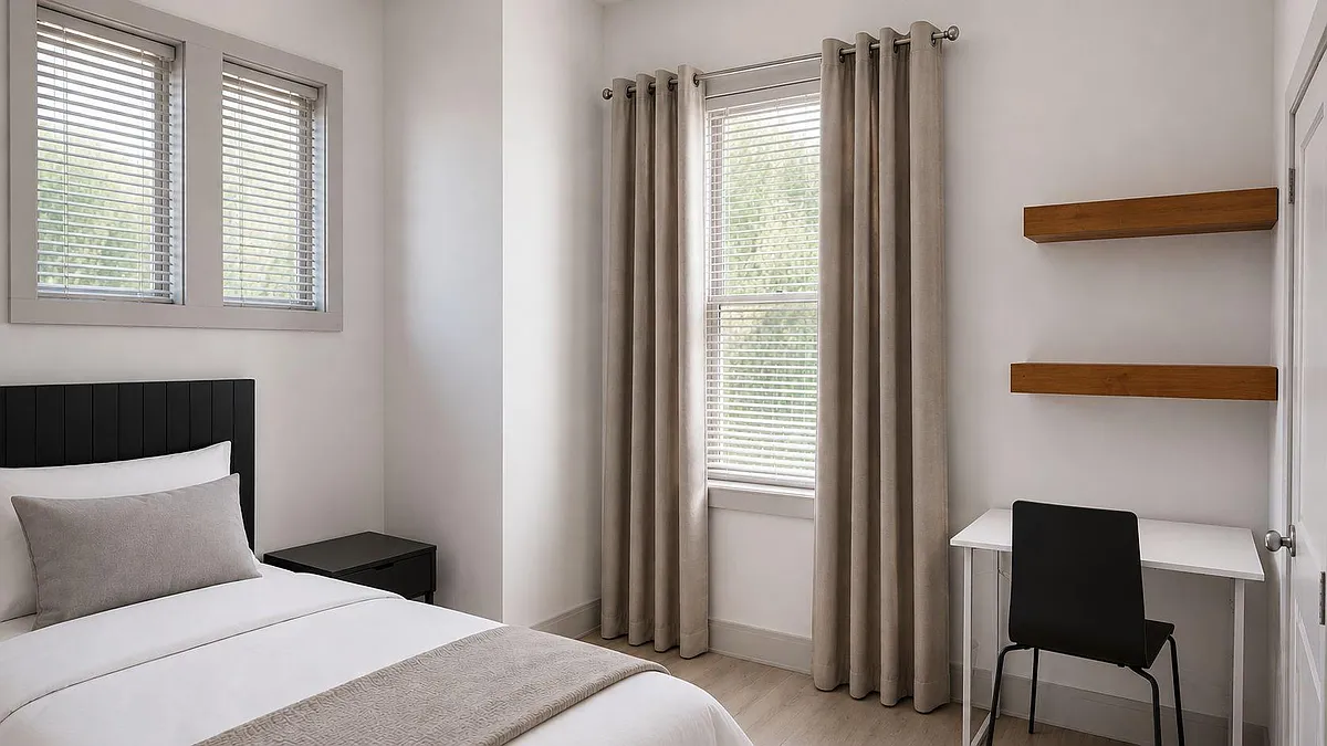 Bedroom with a full-size bed, bedside table, and a compact desk setup, plus two windows with blinds and curtains. - Miguel Dr