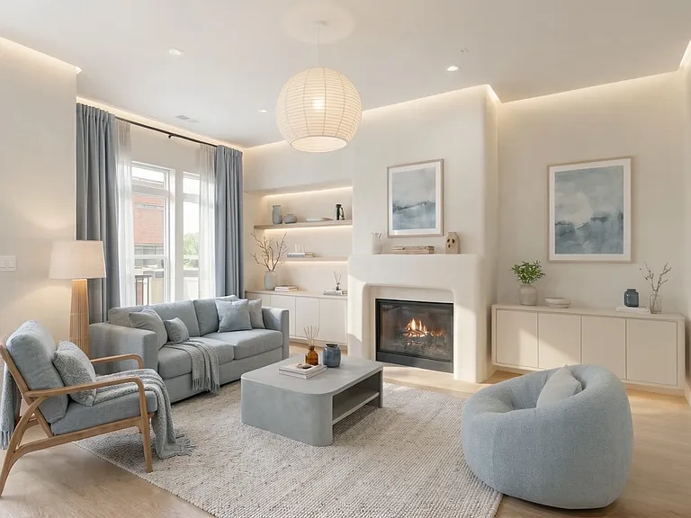 Rendering of potential of living room if furnished (no shelves or chandelier, floor is dark hardwood)
