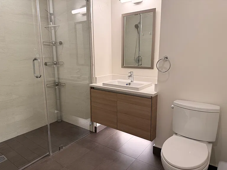 Floor to ceiling rack for organizing shower supplies.