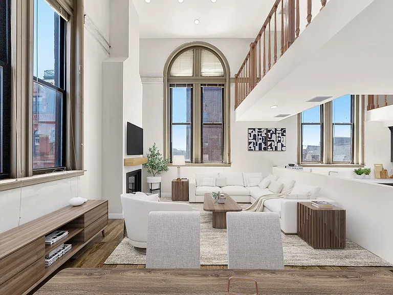 Ground Floor (3rd Floor) Living Room and Dinning Room with 17' soaring windows and Ceilings; 3/4" solid Hickory Flooring, Vaulted and spacious everything