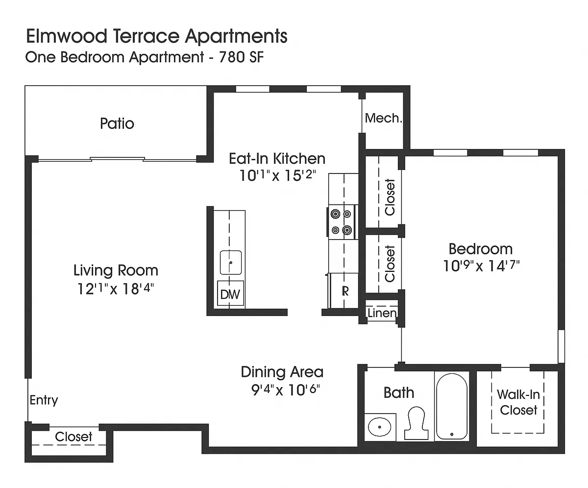 Floor plan 1BR 1BA (780sf)