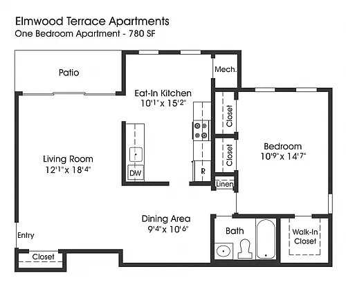Floor plan 1BR 1BA (780sf)