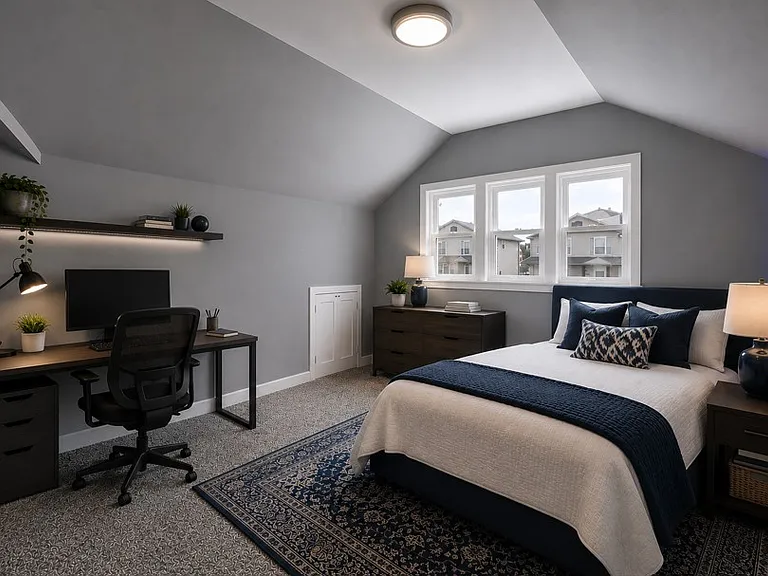 1 of 2 bedrooms upstairs - smaller room virtually staged